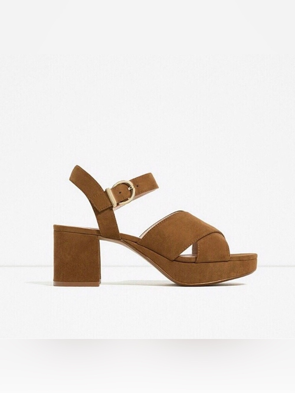 Zara Trafaluc Faux Suede Platform Block Heel Sandals Brown Ankle Strap EU 39